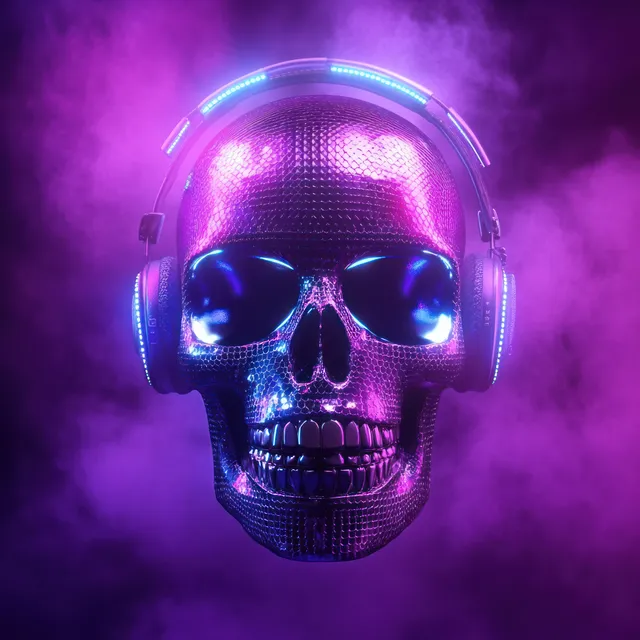 A neon skull with large headphones appears in purple fog with glowing rings and reflective highlights.