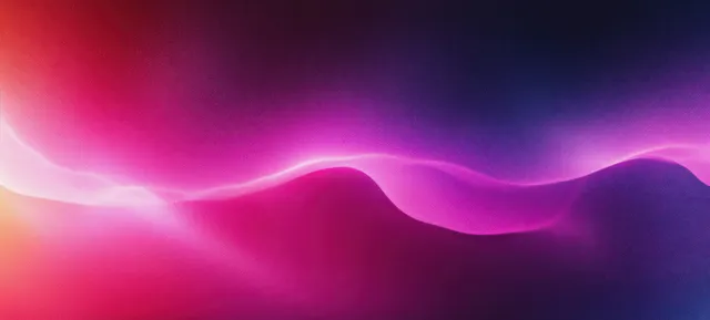A glowing pink and purple abstract wave gradient background fades into dark tones with subtle grain.