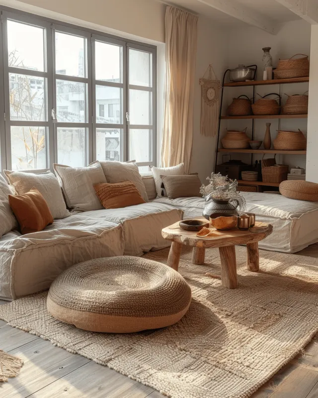 Boho beige living room shows a linen sofa, round pouf, small wooden coffee table, and woven rug by a large window.