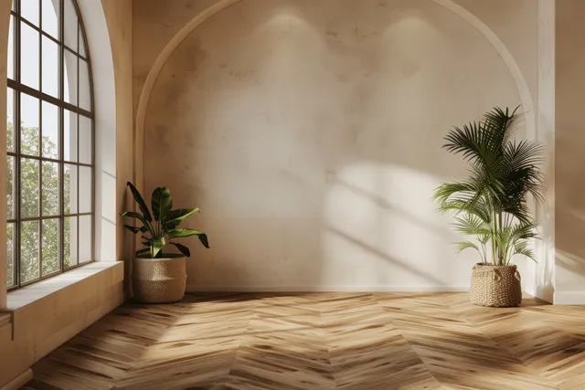 Empty minimalist living room interior with beige walls, parquet floor, potted plants, and arched window daylight shadows.