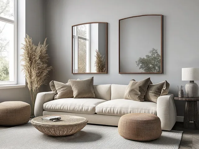 Minimalist living room showing a beige sofa, framed mirrors, woven decor, and soft daylight.