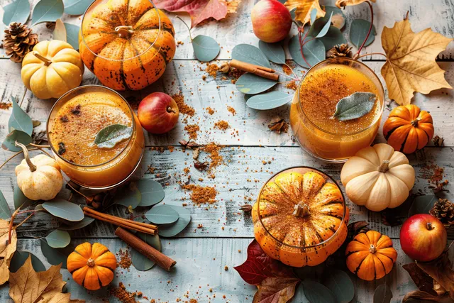 Top view of fall mugs with pumpkin slices, cinnamon sticks, apples, and scattered leaves on a weathered wooden table.