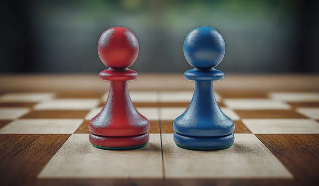 Two chess pawns face off on a wooden board, tense strategic standoff