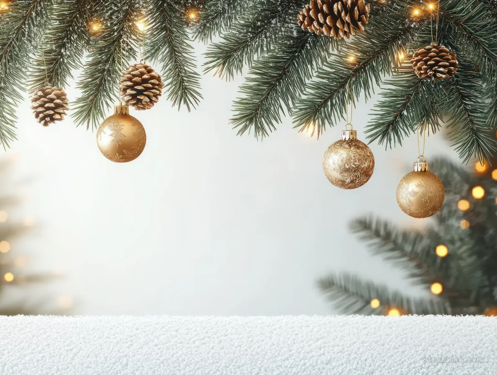 Golden Christmas ornaments hang from pine branches above a snowy tabletop with warm lights in the background.