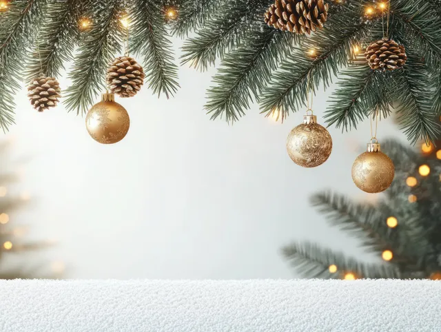 Golden Christmas ornaments hang from pine branches above a snowy tabletop with warm lights in the background.