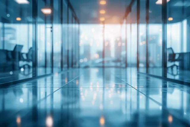 Blurred office hallway with glass partitions and panoramic windows reflecting blue light on the floor.