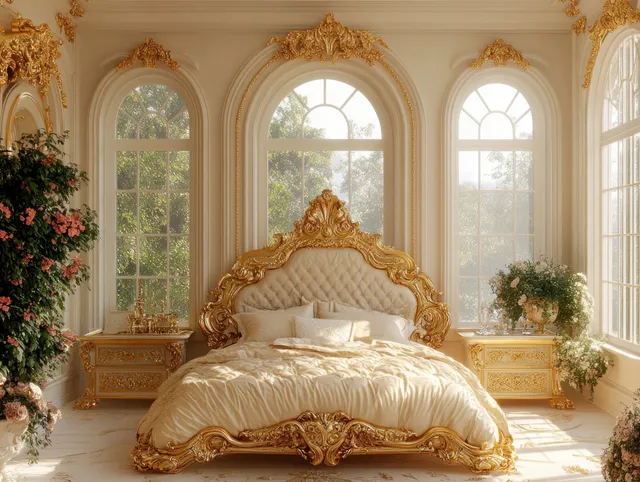 Rococo bedroom interior with ornate golden canopy bed under arched morning light