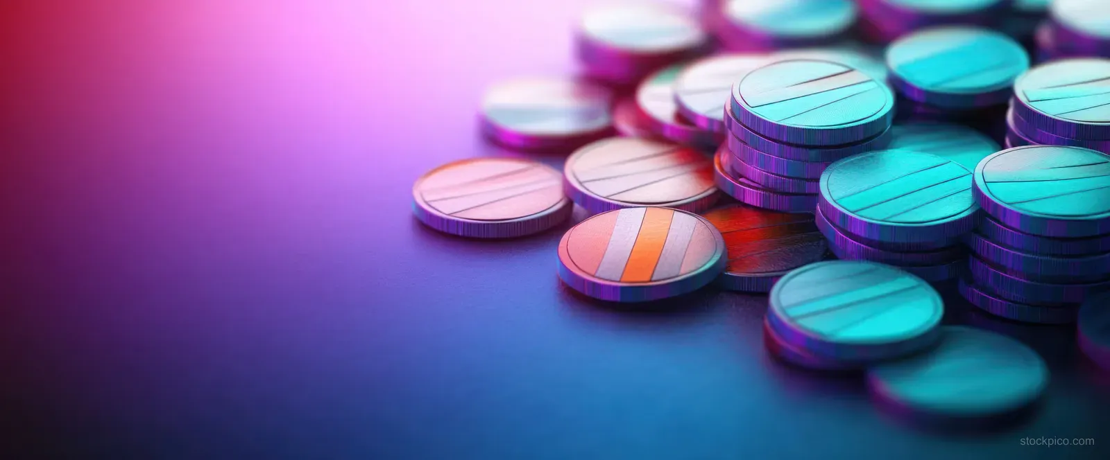 Colorful abstract crypto tokens are stacked in a small pile on a smooth blue gradient background with soft lighting.