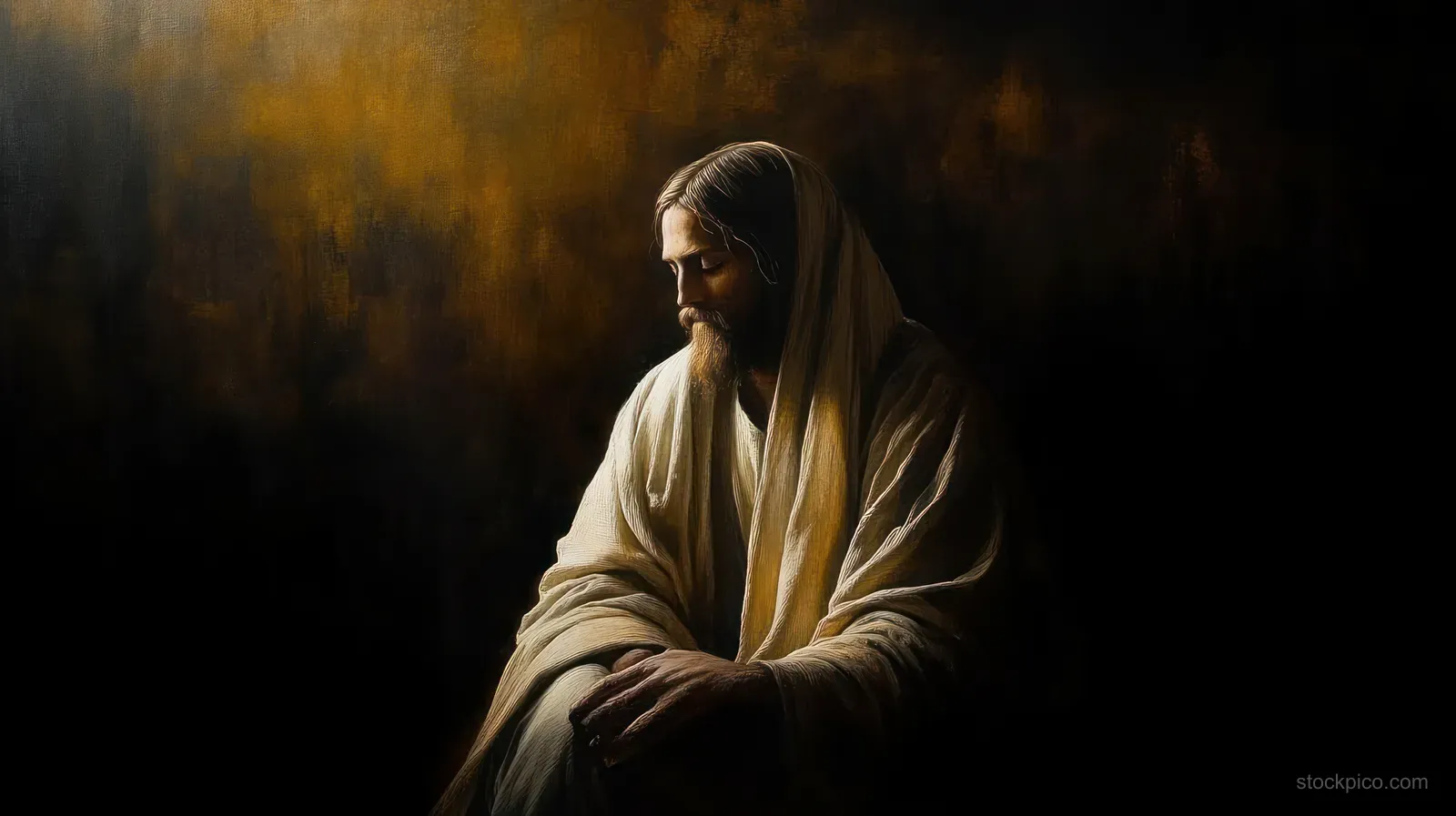 Jesus Christ stands with bowed head and folded hands, illuminated by warm light in a dark chiaroscuro portrait.