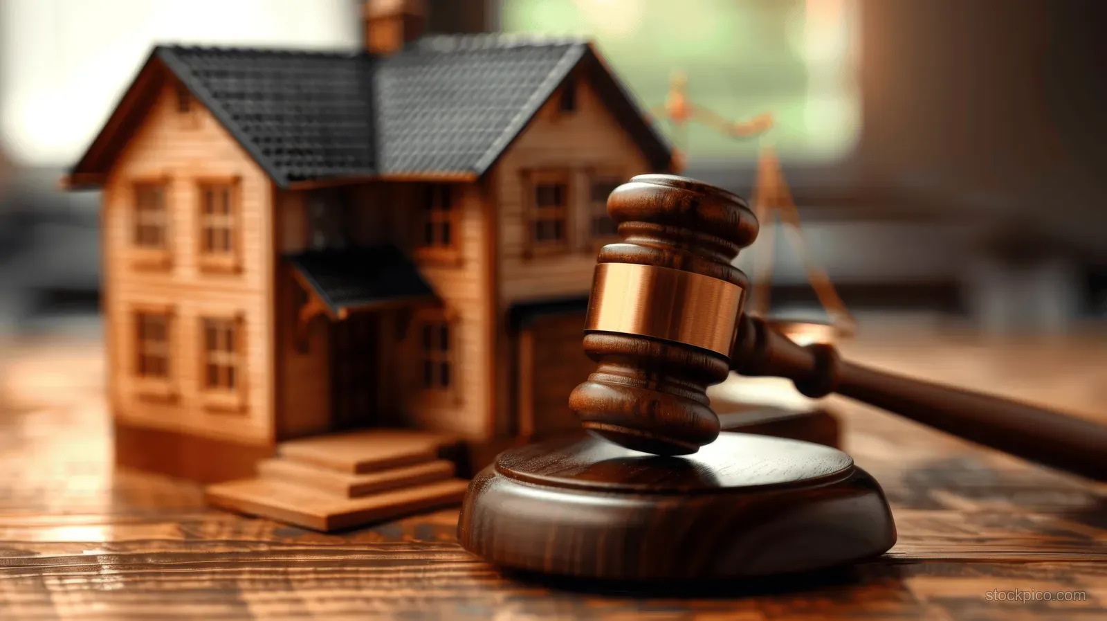 Wooden gavel on a table beside a miniature house with a blurred auction-like background.