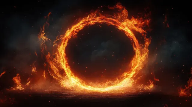Fiery circular ring of flames swirling on dark background with glowing sparks with Light And Glow