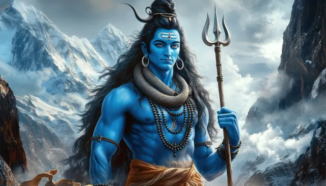 Blue-skinned muscular deity stands on snowy mountains holding a trident, storm clouds behind