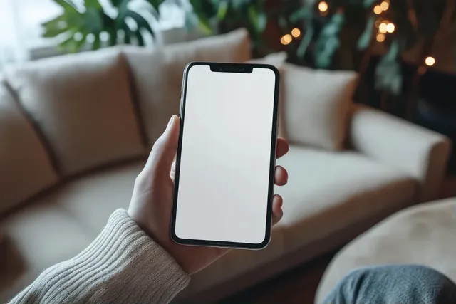 Hand holding a smartphone with blank white screen in a cozy living room sofa with Relaxation At Home