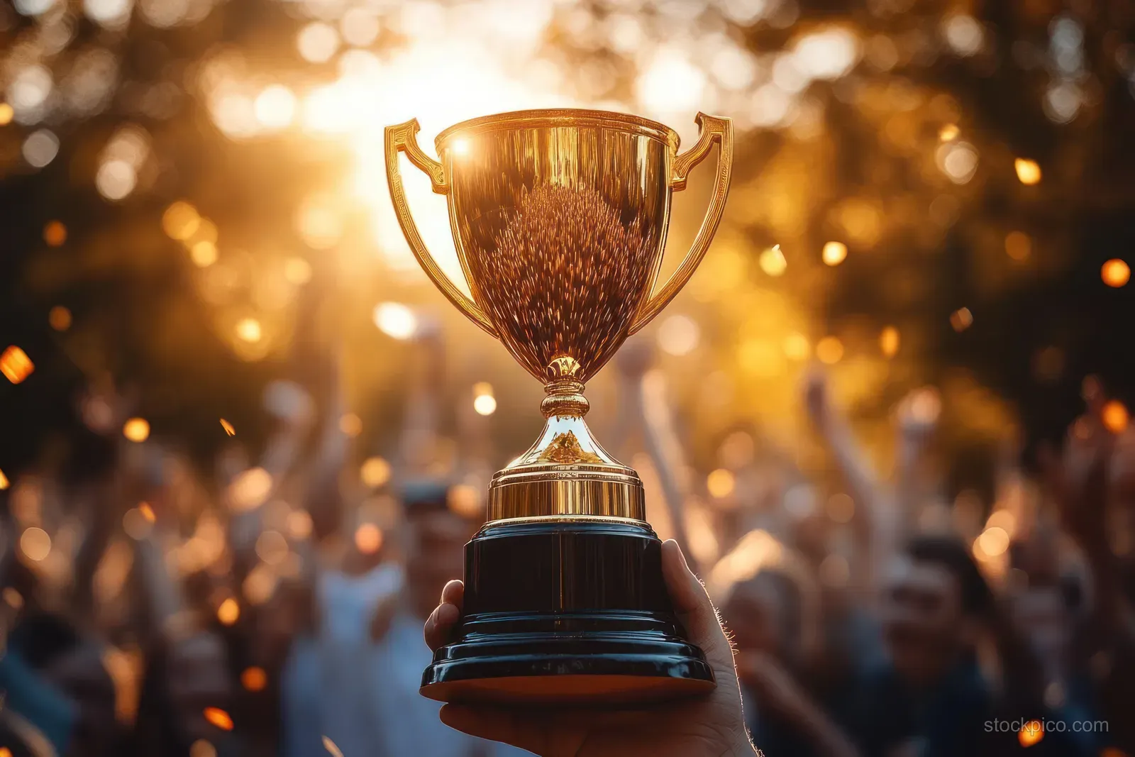 A hand raises a golden trophy as a cheering crowd blurs in warm sunlight behind it.