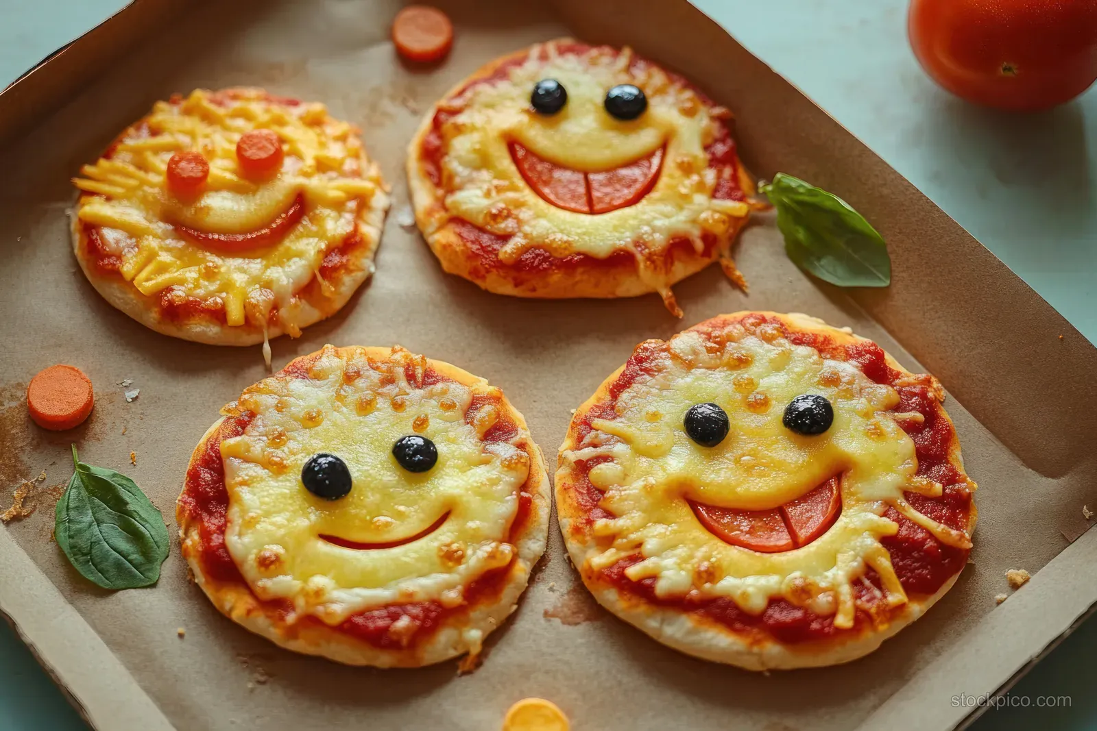 Five Halloween mini pizzas with olive monster faces and tomato sauce sit on a baking tray for a kids party.