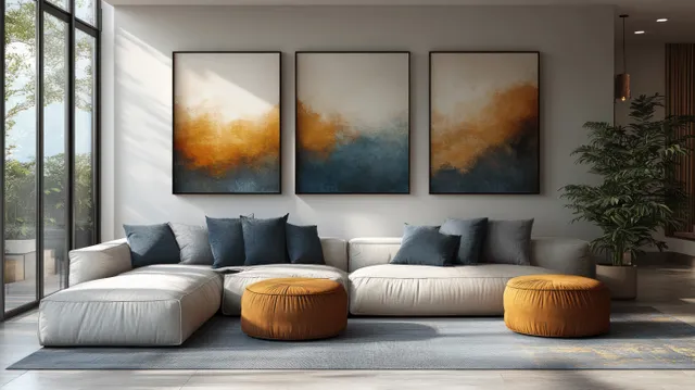 Modern living room with gold and blue geode abstract wall art over a gray sofa set