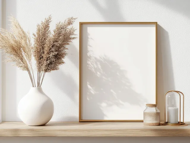 White ceramic vase with dried plants sits on a wooden shelf beside a brass lamp and an empty framed picture.