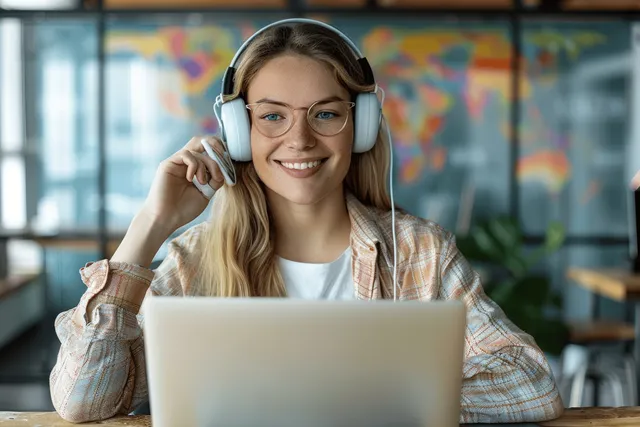 Smiling businesswoman talks on a smartphone beside an open laptop at her office desk.
