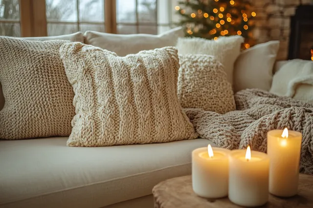 Cream sofa with knitted throw pillows and three lit candles on a table beside softly glowing holiday decor.