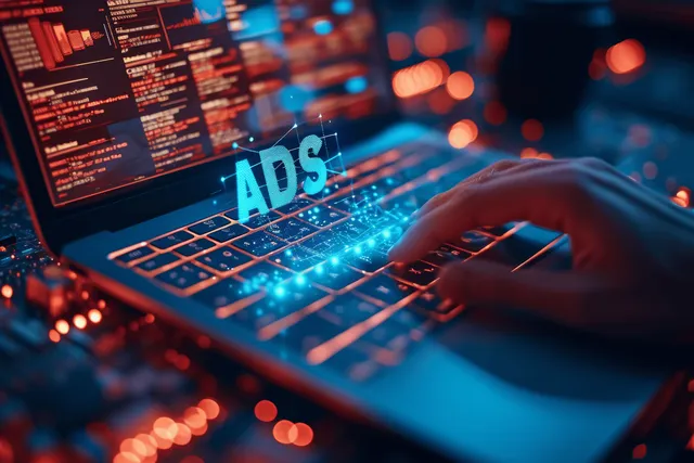 A hand adjusts a laptop advertising dashboard labeled “ADS” with analytics charts and glowing screen elements.