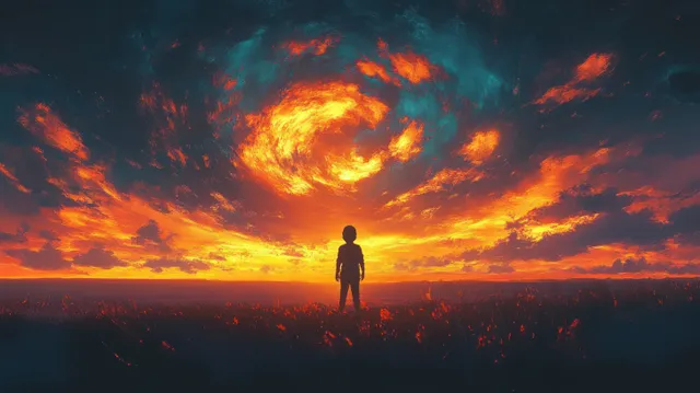 A child silhouette stands in a field under glowing orange and purple sunset clouds.