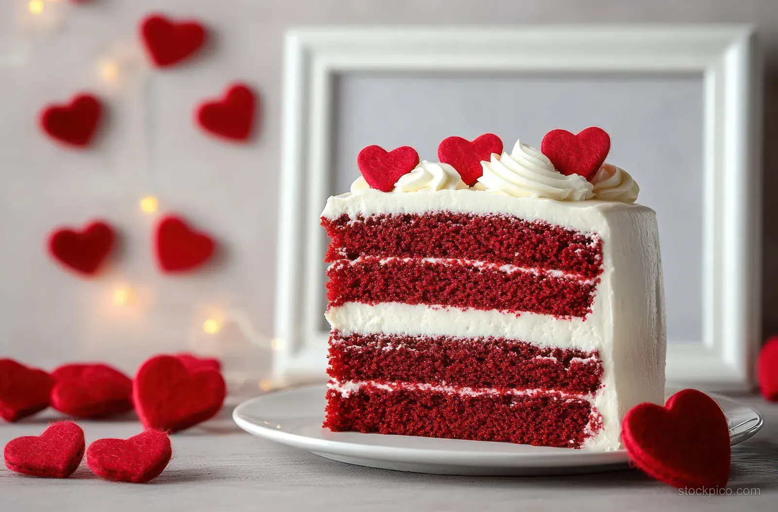Red velvet cake slice with white icing and red heart decorations on a plate against a white background.
