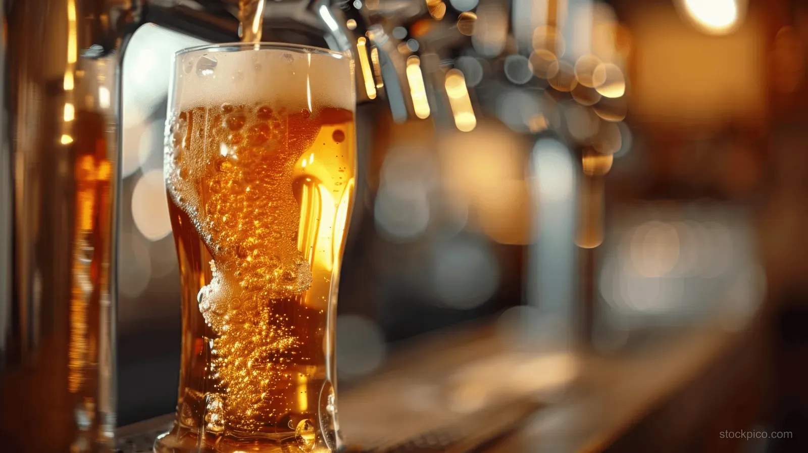 Golden beer pours from a tap into a tall pint glass on a wooden pub bar with warm lights behind.
