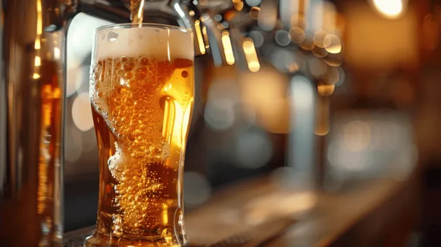 Cerveza dorada vertiéndose de un grifo en un vaso alto de pinta sobre la barra de madera de un pub con luces cálidas al fondo.