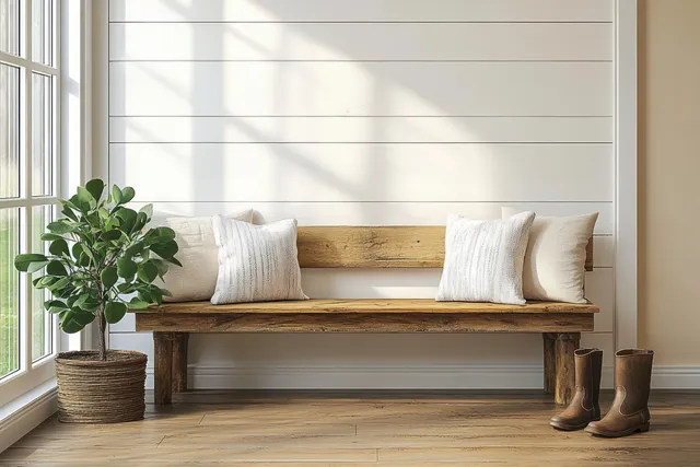 Sunlit entryway bench with decorative pillows, potted plant, and boots against light farmhouse wall panels.