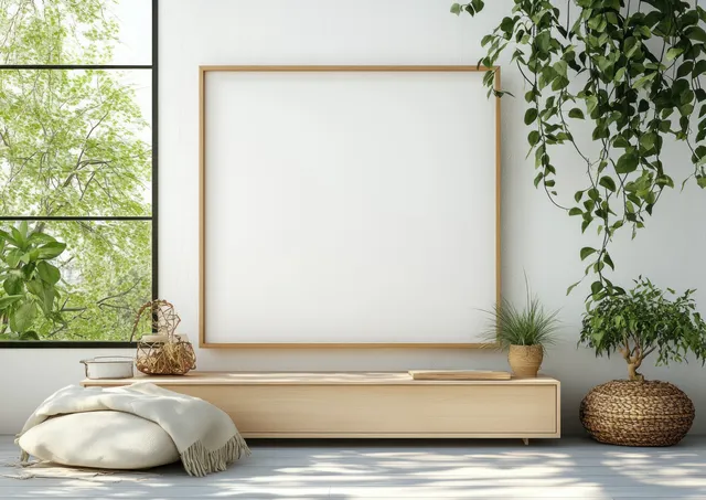 Scandinavian living room wall with blank framed picture and hanging green plants