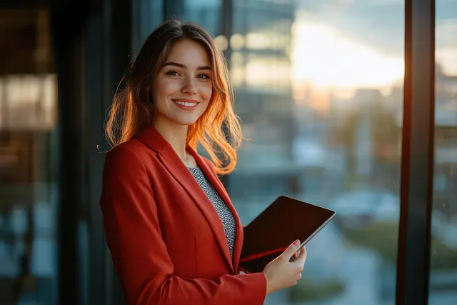 Smiling woman in a red blazer holds a tablet inside a bright office with large sunset windows and city view.