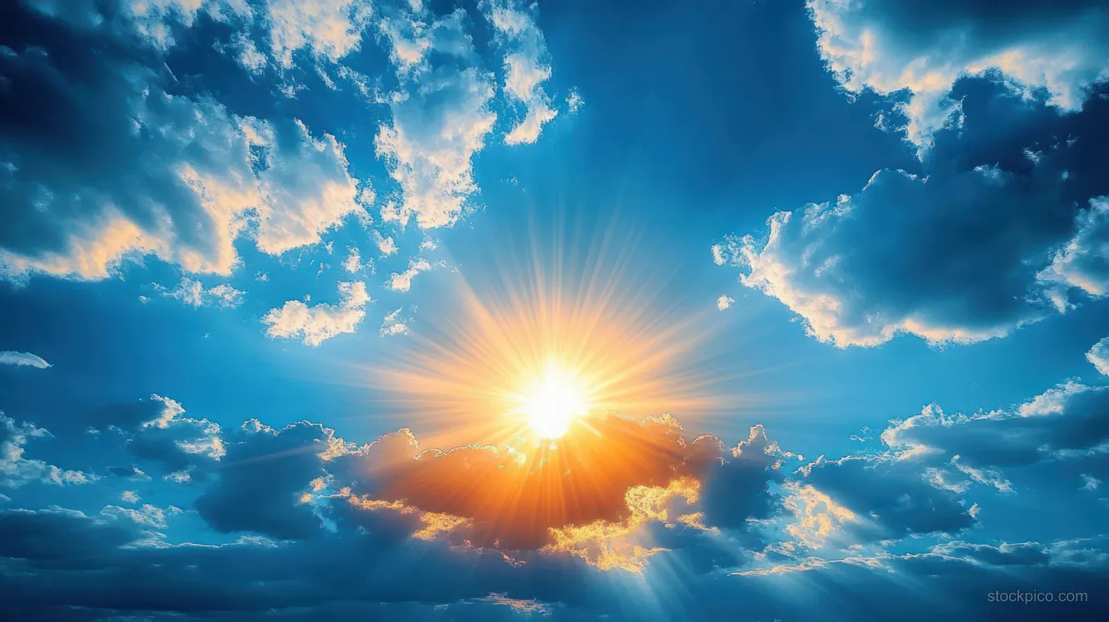 The sun shines through scattered clouds in a deep blue sky with bright rays.