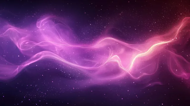 Glowing purple and pink light waves ripple across a dark cosmic nebula background with tiny sparkles.
