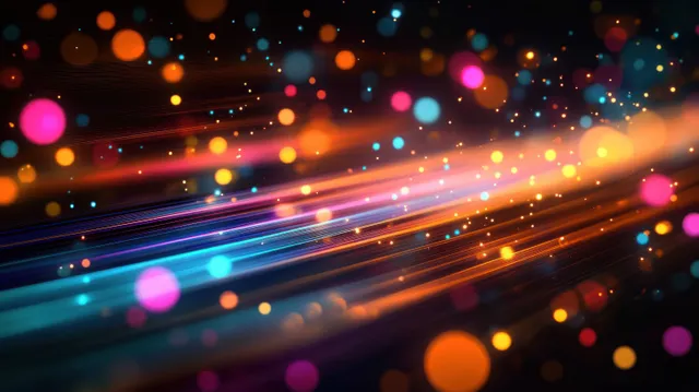 Neon orange, pink, blue, and purple light streaks with scattered glowing orbs float over a dark abstract backdrop.