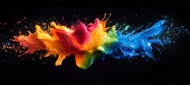 Colorful paint splash bursts across black background with glowing fluid motion and scattered droplets