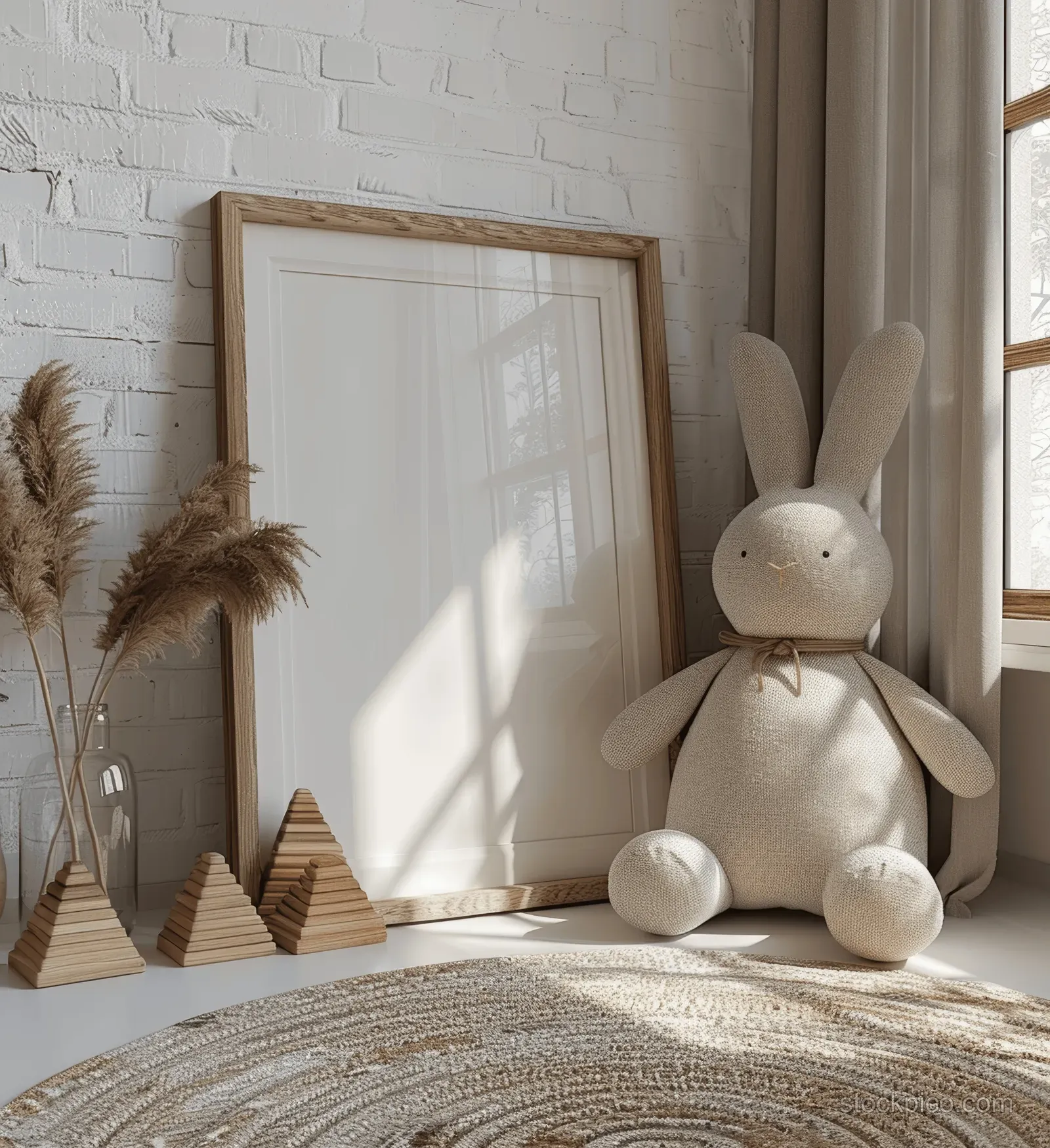 Wooden picture frame leaning against a white wall with a soft toy rabbit and wooden pyramid toys on the floor.