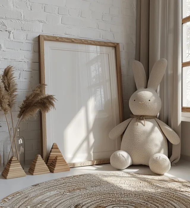 Wooden picture frame leaning in a minimalist nursery with soft rabbit and pyramid toys