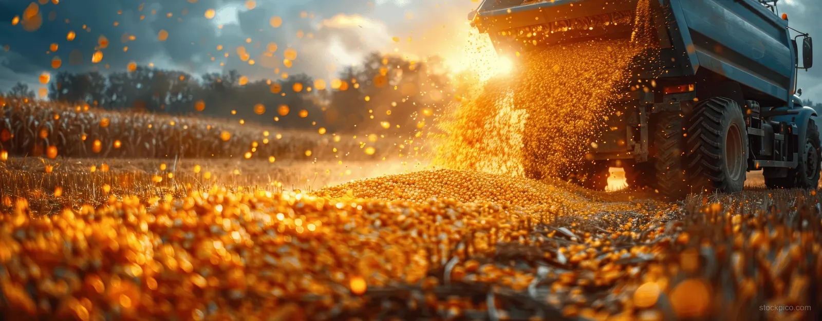 A green harvester pours corn kernels into a trailer while sunlight flares above an open farmland field.