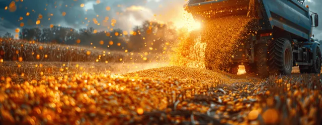 A green harvester pours corn kernels into a trailer while sunlight flares above an open farmland field.