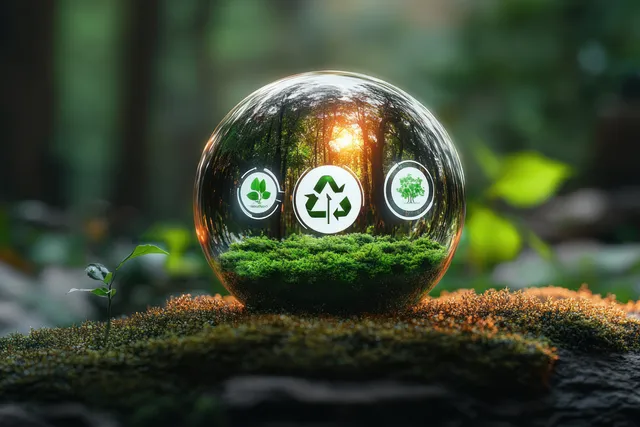 Glowing hydrogen energy sphere growing moss icons for clean sustainability and emission-free power