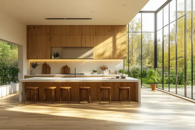Sunlit Scandinavian kitchen shows a wooden bar counter, stools, open shelves, and tall windows with greenery outside.
