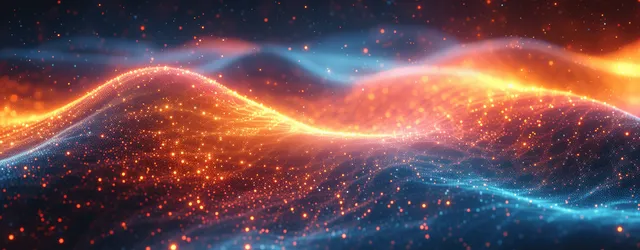 Glowing abstract data streams and particles arc across a curved futuristic horizon with neon light.