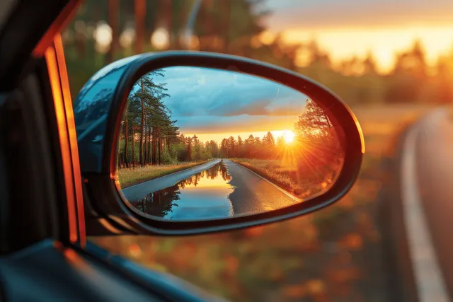 Car side mirror reflecting sunset road, highway journey with scenic landscape in rear view