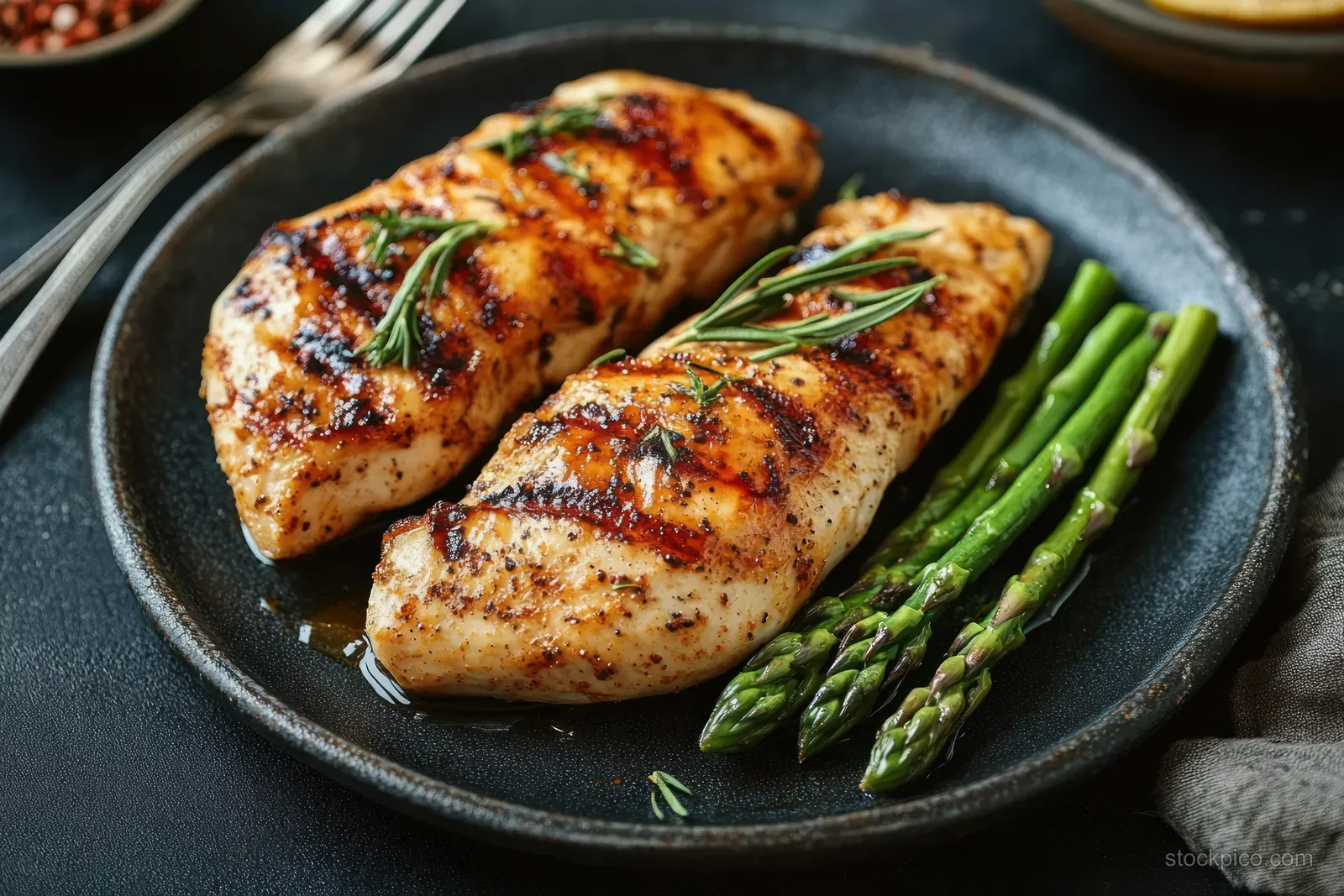 Grilled chicken breasts with herb garnish served on a dark plate beside green asparagus spears.