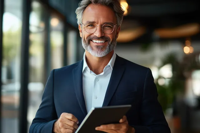 A mature man in glasses smiles while holding and using a digital tablet in a sunlit office.