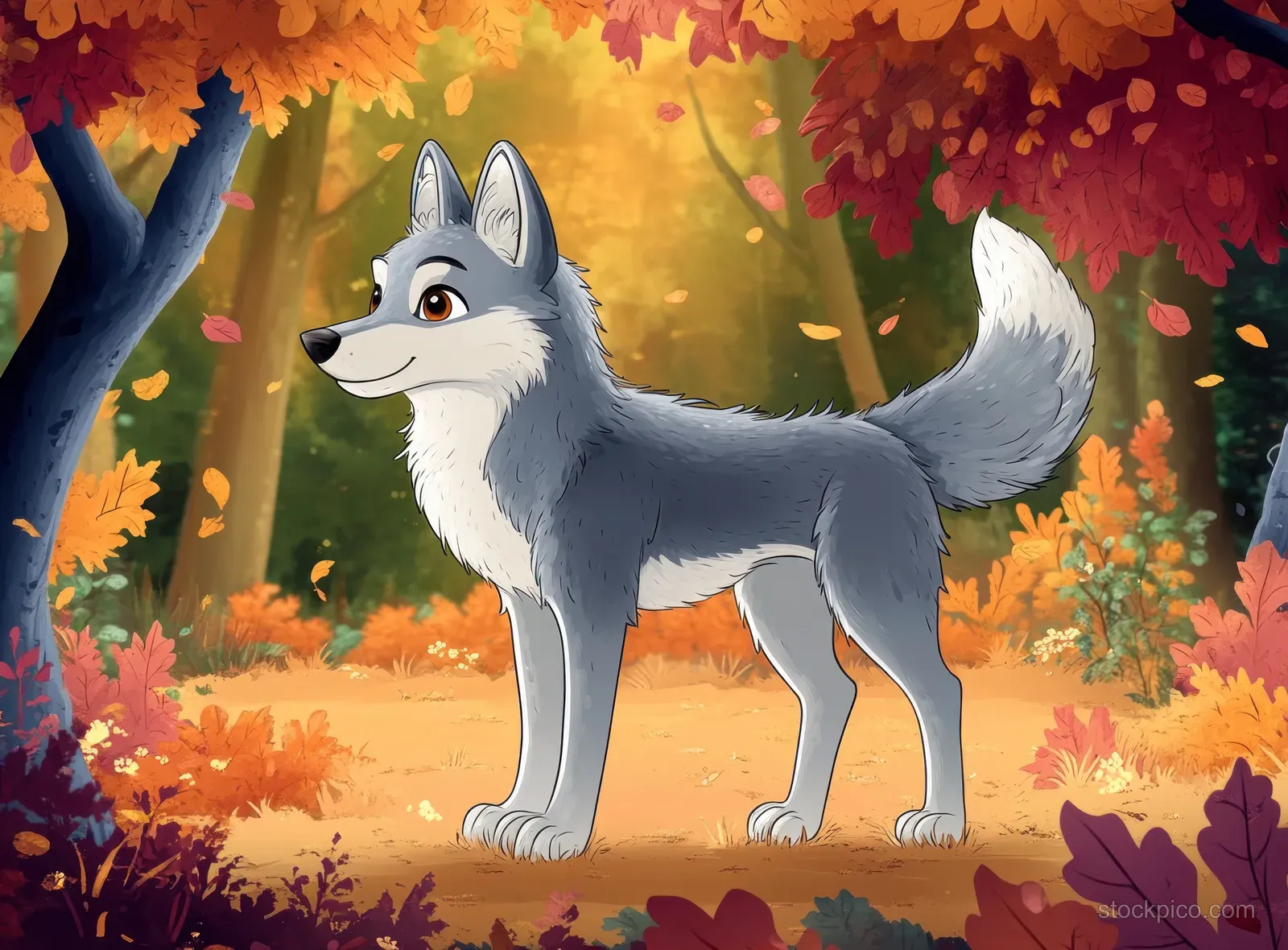 A gray cartoon wolf stands in an autumn forest surrounded by colorful leaves and falling leaf confetti.