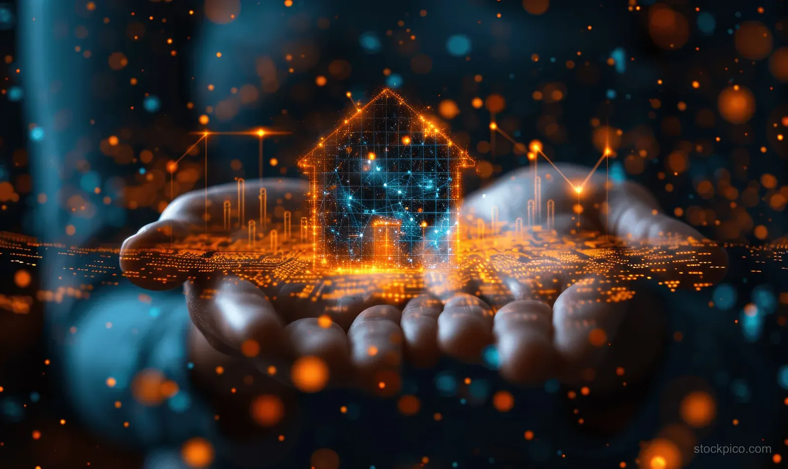 Businessman holding a glowing house icon with holographic upward arrows and finance chart overlays.