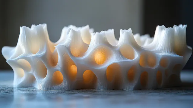 Abstract white dental crown shapes are displayed against a dark background, showcasing depth and minimalistic design.