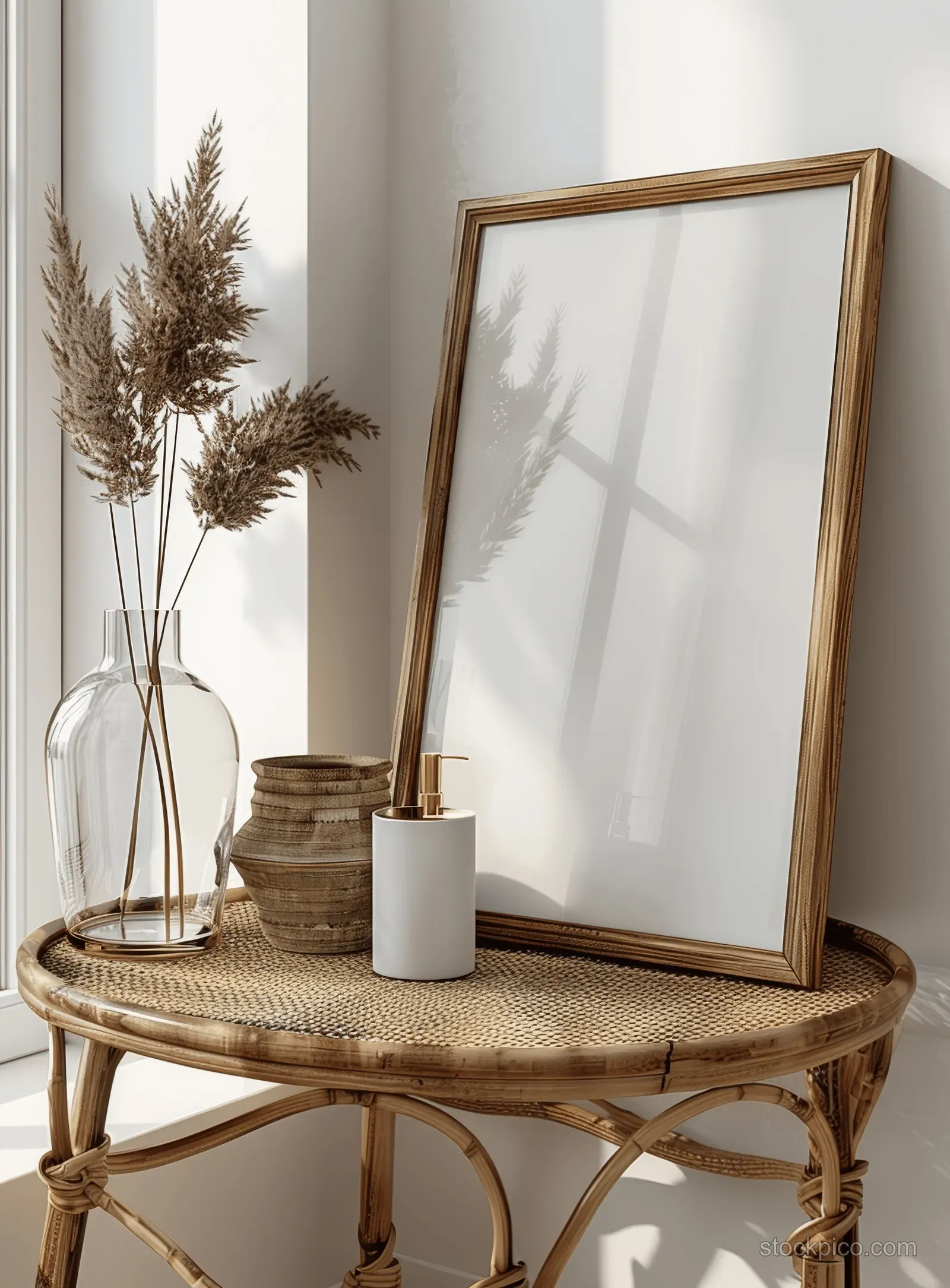 Empty wooden picture frame on a rattan side table in a boho interior with soft light and white wall background.