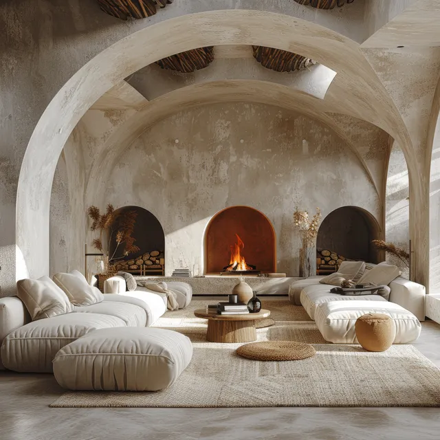 Minimalist living room with arched ceiling and a lit fireplace, low sofas, and neutral decor.